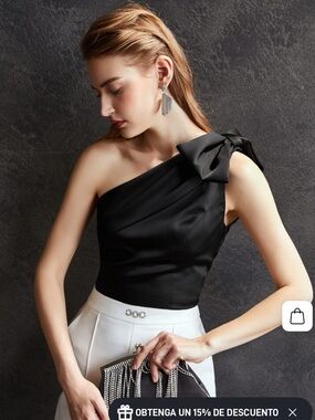 Motf black bow shoulder asymmetrical neck sleeveless blouse top small EUC
